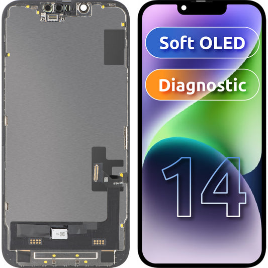 Zaslon s tehnologijo na dotik MP, združljiv z Apple iPhone 14, s okvirjem, različica Soft OLED FHD Diagnostic, črn