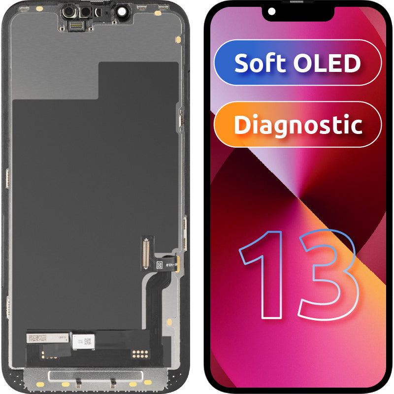 Zaslon s tehnologijo na dotik MP, združljiv z Apple iPhone 13, s okvirjem, različica Soft OLED FHD Diagnostic, črna