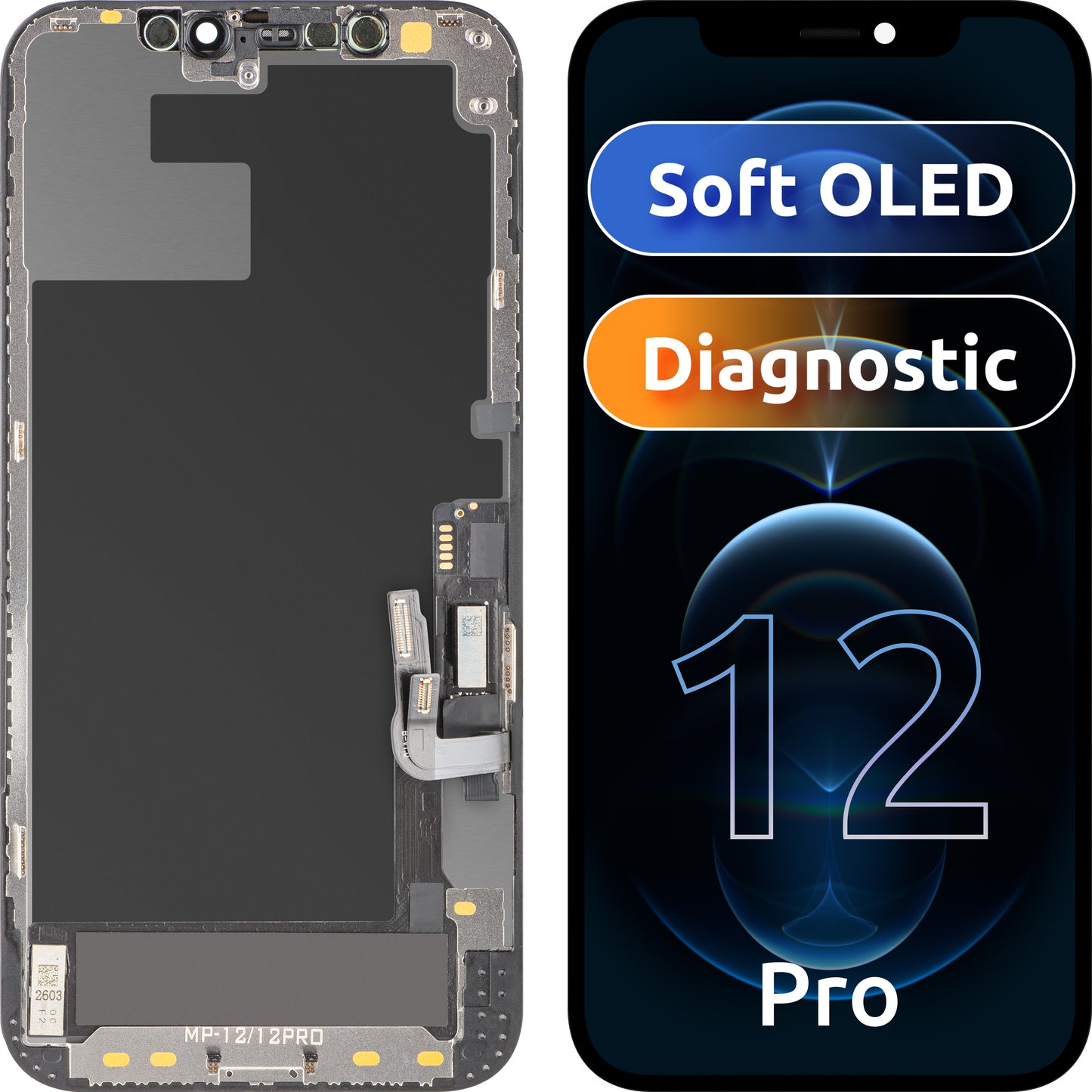 MP Touchscreen Display compatible with Apple iPhone 12 / 12 Pro, with Frame, OLED FHD Diagnostic Soft Version, Black