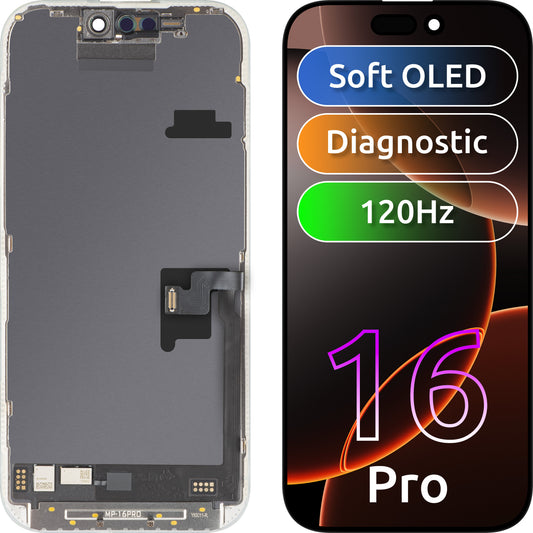 MP zaslon na dotik, združljiv z Apple iPhone 16 Pro, z okvirjem, različica programske opreme OLED FHD 120Hz Diagnostic, črna