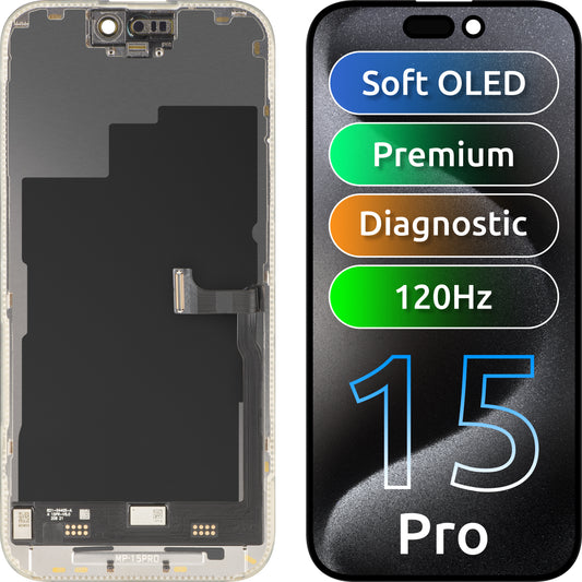 MP zaslon na dotik, združljiv z Apple iPhone 15 Pro, z okvirjem, Premium Soft OLED FHD 120Hz diagnostična različica, črna