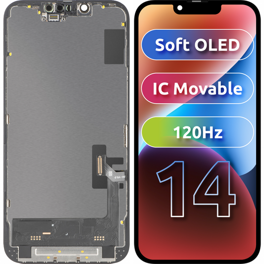 Zaslon s tehnologijo na dotik MP, združljiv z Apple iPhone 14, z okvirjem, različica Soft OLED FHD 120Hz IC Movable, črn