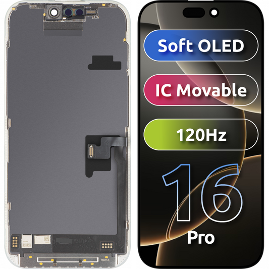 Zaslon na dotik MP, združljiv z Apple iPhone 16 Pro, z okvirjem, različica Soft OLED FHD 120Hz IC Movable, črn