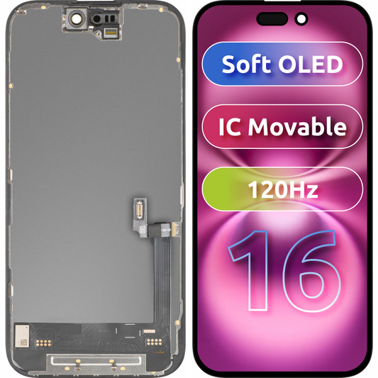 Zaslon na dotik MP, združljiv z Apple iPhone 16, z okvirjem, različica Soft OLED FHD 120Hz IC Movable, črn