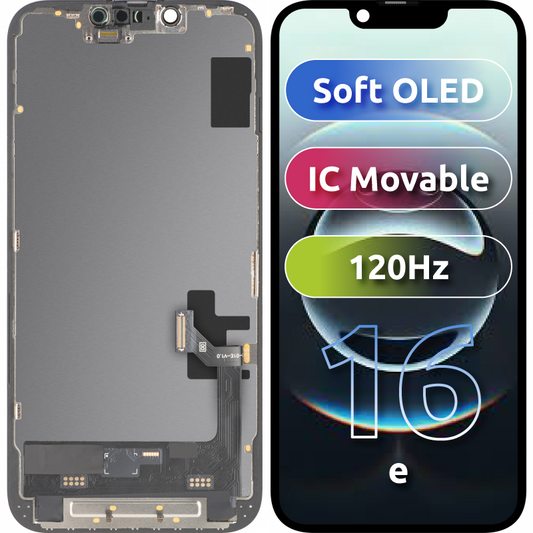 MP zaslon na dotik, združljiv z Apple iPhone 17e / 16e, z okvirjem, različica Soft OLED FHD 120Hz IC premikljiv, črna