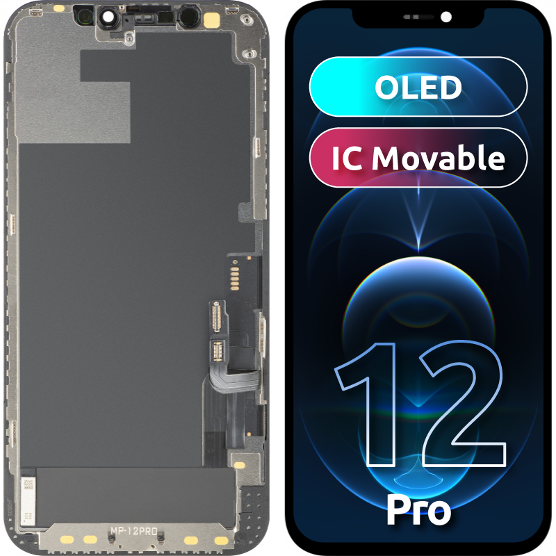 MP zaslon na dotik, združljiv z Apple iPhone 12 / 12 Pro, z okvirjem, OLED FHD IC Movable različica, črna