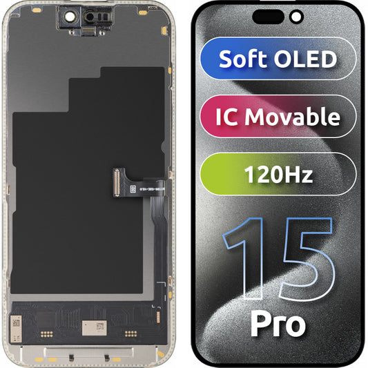 Zaslon na dotik MP, združljiv z Apple iPhone 15 Pro, z okvirjem, različica Soft OLED IC Movable 120Hz FHD, črn