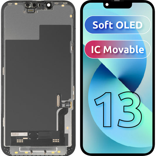 MP Touchscreen Display compatible with Apple iPhone 13, with Frame, Soft OLED IC Movable FHD Version, Black