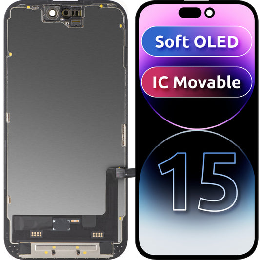 Zaslon na dotik MP, združljiv z Apple iPhone 15, z okvirjem, različica Soft OLED FHD IC Movable, črn