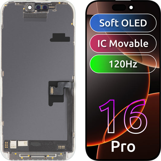 Zaslon na dotik MP, združljiv z Apple iPhone 16 Pro, z okvirjem, različica Soft OLED FHD 120Hz IC Movable, črn