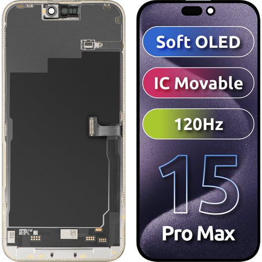Zaslon na dotik MP, združljiv z Apple iPhone 15 Pro Max, z okvirjem, različica Soft OLED IC Movable 120Hz FHD, črn