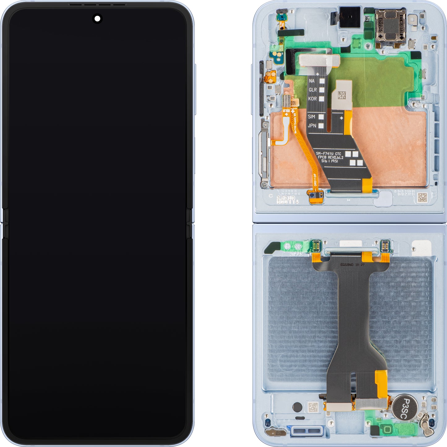 Zaslon s Touchscreenom Samsung Galaxy Z Flip6 F741, z okvirjem, Sub Inner, modra, Service Pack GH82-35014C