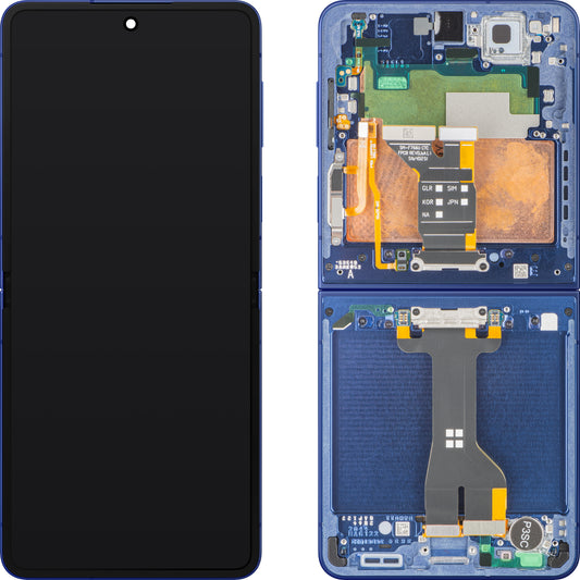 Zaslon s tehnologijo na dotik Samsung Galaxy Z Flip7 F766, z okvirjem, pod notranjim delom, modra (Blue Shadow), servisni paket GH82-37581A