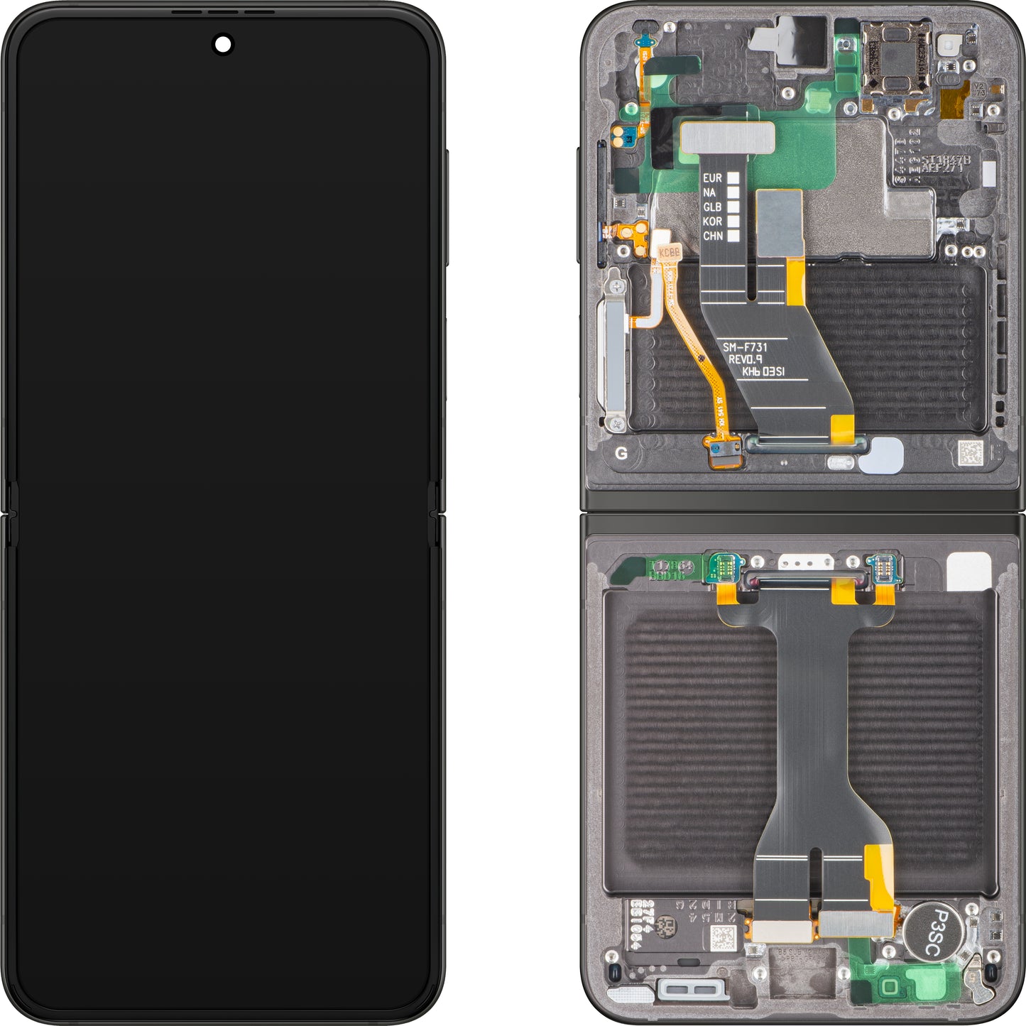 Zaslon s funkcijo na dotik Samsung Galaxy Z Flip5 F731, z okvirjem, pod notranjim delom, siv, servisni paket GH82-31827E