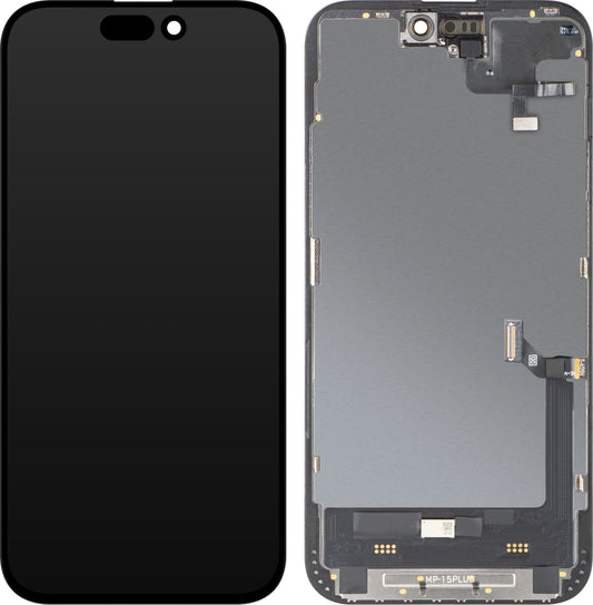 Zaslon na dotik s senzorjem bližine MP, združljiv z Apple iPhone 15 Plus, z okvirjem, različica programske opreme OLED FHD diagnostična, črna