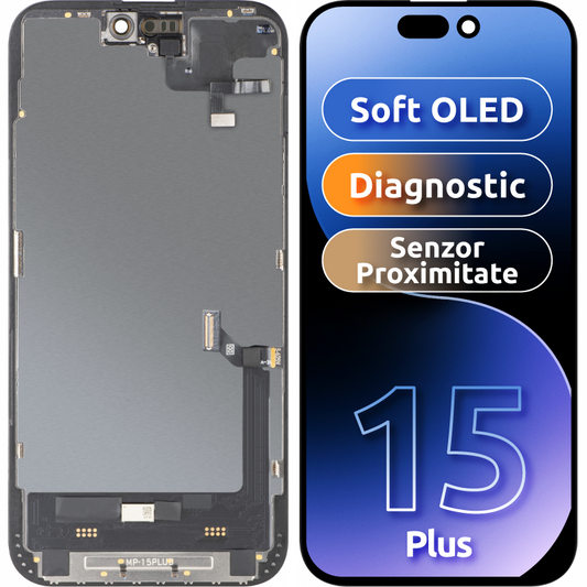 Zaslon na dotik s senzorjem bližine MP, združljiv z Apple iPhone 15 Plus, z okvirjem, različica programske opreme OLED FHD diagnostična, črna