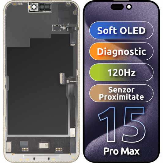 Zaslon na dotik in senzor bližine MP, združljiv z Apple iPhone 15 Pro Max, z okvirjem, programska različica OLED FHD 120Hz Diagnostic, črna