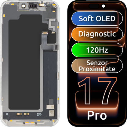 Zaslon na dotik z bližinskim svetlobnim senzorjem MP, združljiv z Apple iPhone 17 Pro, z okvirjem, programska različica OLED FHD 120Hz diagnostična, črna
