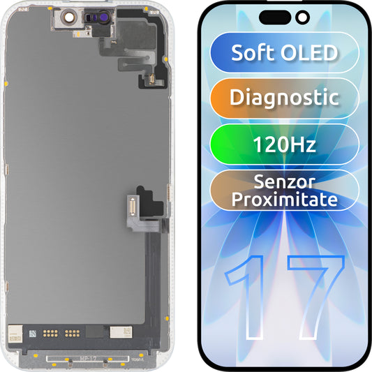 Zaslon na dotik in senzor bližine MP, združljiv z Apple iPhone 17, z okvirjem, programska različica OLED FHD 120Hz Diagnostic, črna