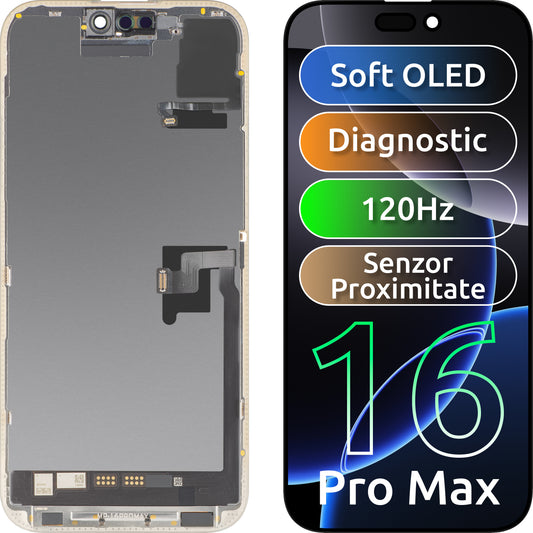 Zaslon na dotik in senzor bližine MP, združljiv z Apple iPhone 16 Pro Max, z okvirjem, programska različica OLED FHD 120Hz Diagnostic, črna
