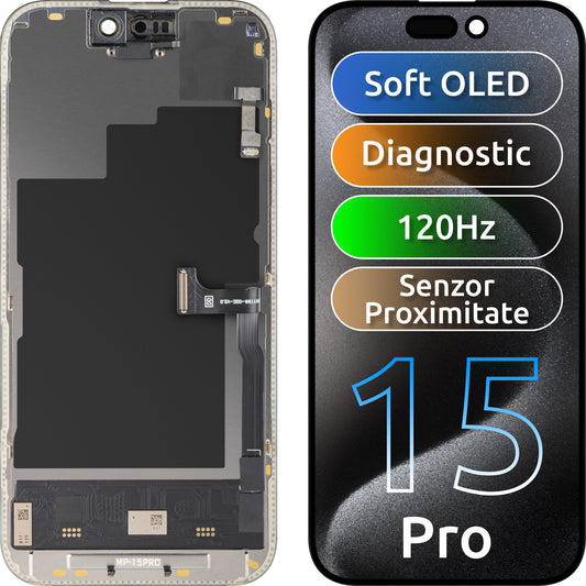 Zaslon na dotik in senzor bližine MP, združljiv z Apple iPhone 15 Pro, z okvirjem, različica programske opreme OLED FHD 120Hz Diagnostic, črna