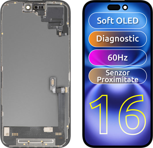 Zaslon na dotik z bližinskim senzorjem MP, združljiv z Apple iPhone 16, z okvirjem, različica programske opreme OLED FHD diagnostična, črna