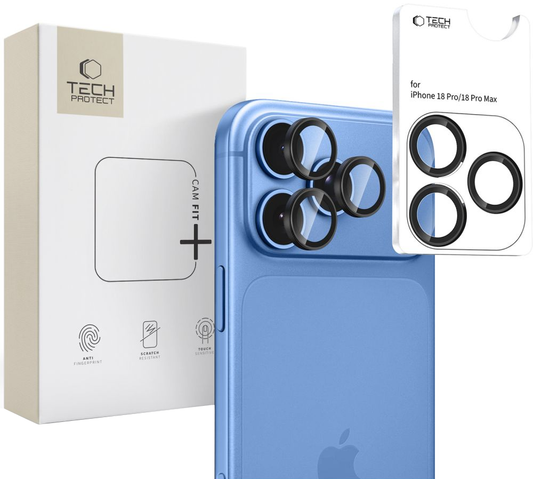 Zaščitna folija za zadnjo kamero Tech-Protect CamRing Fit+ za Apple iPhone 18 Pro / 18 Pro Max, kaljeno steklo, črna