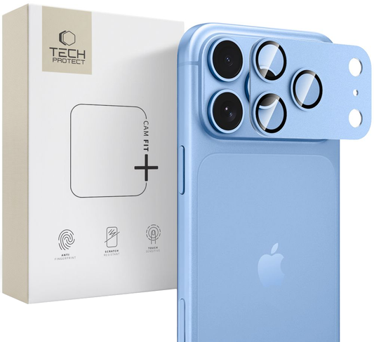 Zaščitno steklo za zadnjo kamero Tech-Protect CamFull Fit+ za Apple iPhone 18 Pro Max, kaljeno steklo, modra barva.