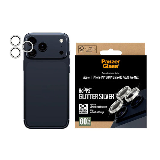 Zaščitna folija za zadnjo kamero PanzerGlass Hoops Glitter za Apple iPhone 17 Pro Max / 17 Pro / 16 Pro Max / 16 Pro, Kaljeno steklo, Srebrna