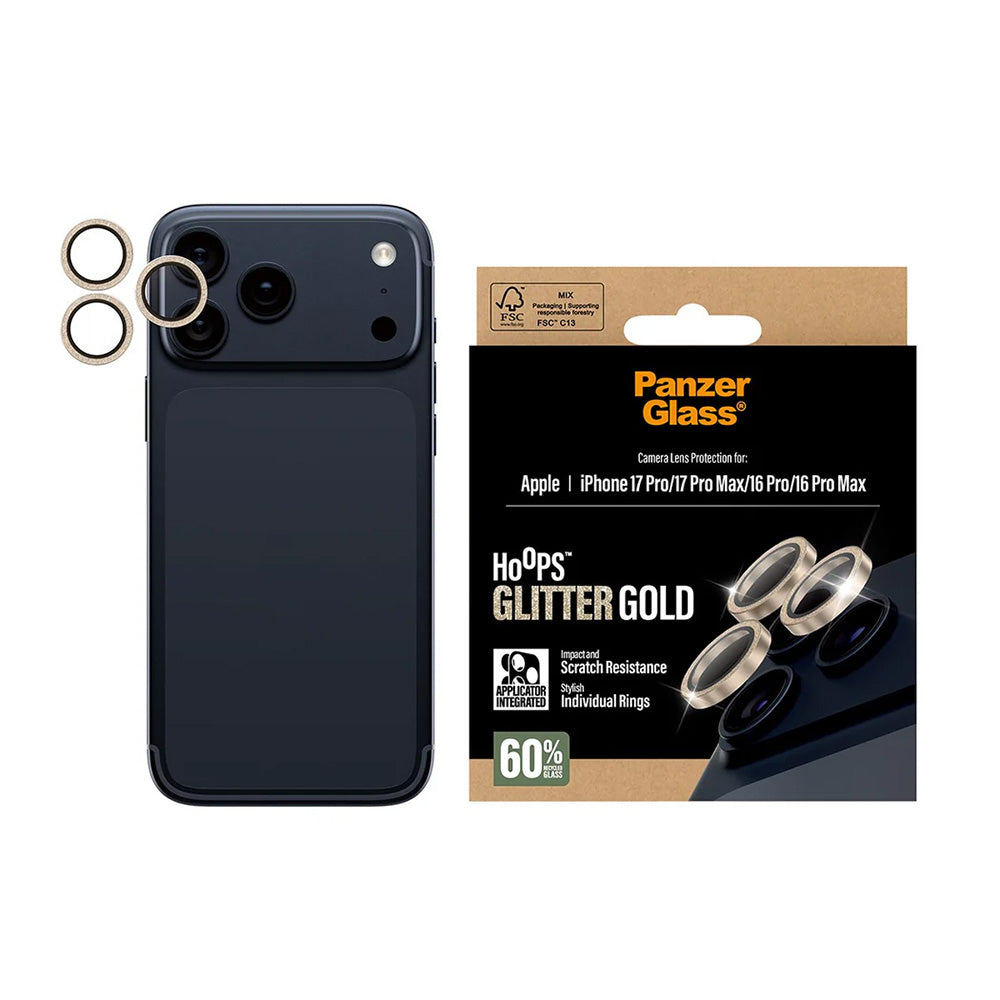Zaščitna folija za zadnjo kamero PanzerGlass Hoops Glitter za Apple iPhone 17 Pro Max / 17 Pro / 16 Pro Max / 16 Pro, Kaljeno steklo, Zlata
