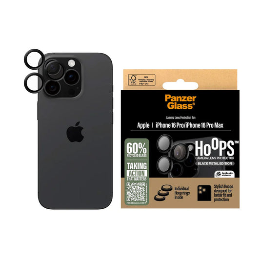 Zaščitna folija za zadnjo kamero PanzerGlass Hoops za Apple iPhone 16 Pro Max / 16 Pro, Kaljeno steklo, Črna