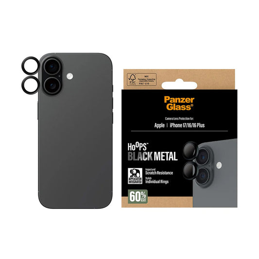 Zaščitna folija za zadnjo kamero PanzerGlass Hoops za Apple iPhone 17 / 16 Plus / 16, Kaljeno steklo, Črna