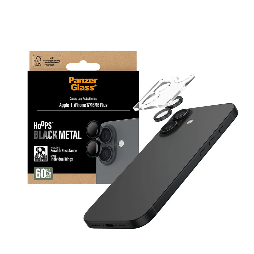 Zaščitna folija za zadnjo kamero PanzerGlass Hoops za Apple iPhone 17 / 16 Plus / 16, Kaljeno steklo, Črna