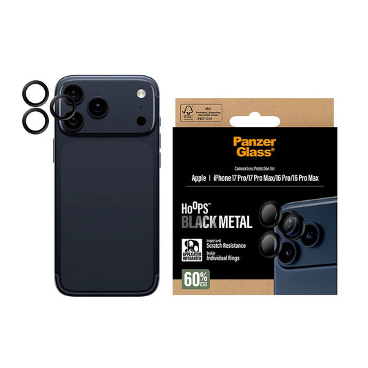 Zaščitna folija za zadnjo kamero PanzerGlass Hoops za Apple iPhone 17 Pro Max / 17 Pro / 16 Pro Max / 16 Pro, Kaljeno steklo, Črna