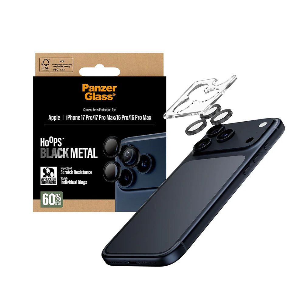 Zaščitna folija za zadnjo kamero PanzerGlass Hoops za Apple iPhone 17 Pro Max / 17 Pro / 16 Pro Max / 16 Pro, Kaljeno steklo, Črna