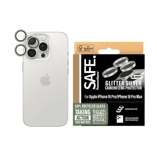 Zaščitna folija za zadnjo kamero PanzerGlass Safe. Bleščice za Apple iPhone 16 Pro Max / 16 Pro, Kaljeno steklo, Srebrna.