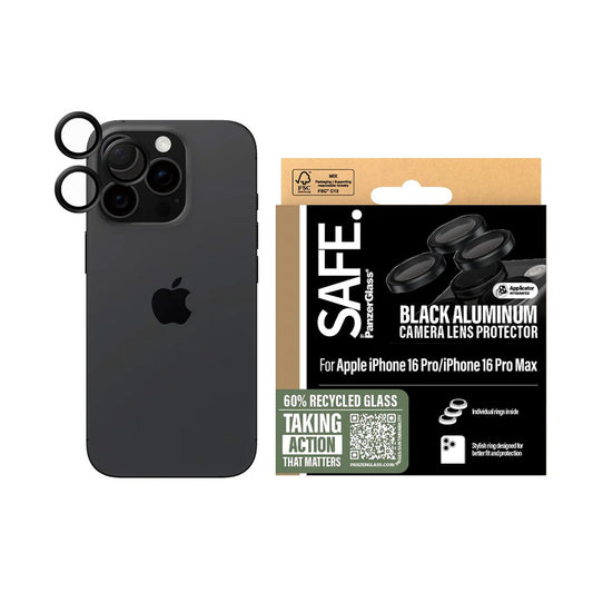 Zaščitna folija za zadnjo kamero PanzerGlass Safe. za Apple iPhone 16 Pro Max / 16 Pro, Kaljeno steklo, Črna.