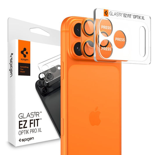 Zaščitna folija za zadnjo kamero Spigen GlastR EZ FIT Optik Pro XL za Apple iPhone 17 Pro, Kaljeno steklo, Set 2 kosa, Oranžna