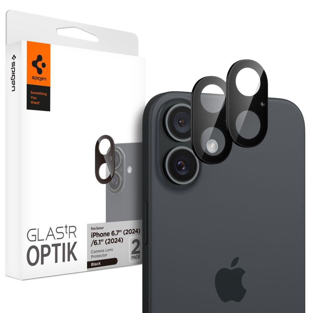 Zaščitna folija za zadnjo kamero Spigen GlastR Optik za Apple iPhone 16 Plus / 16, Kaljeno steklo, Set 2 kosa, Črna AGL07922