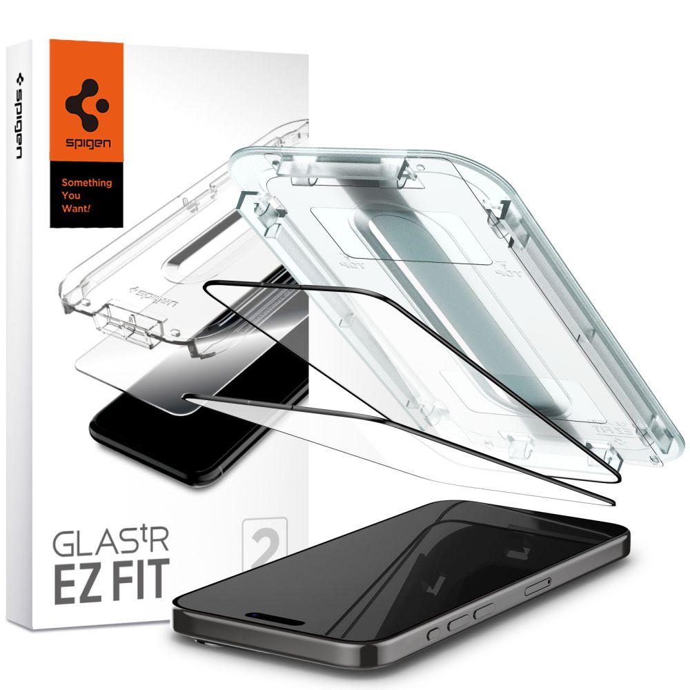 Zaščitna folija za zaslon Spigen GlastR EZ FIT za Apple iPhone 15 Pro, Kaljeno steklo, Polno lepljenje, Komplet 2 kosa, Črna AGL06893