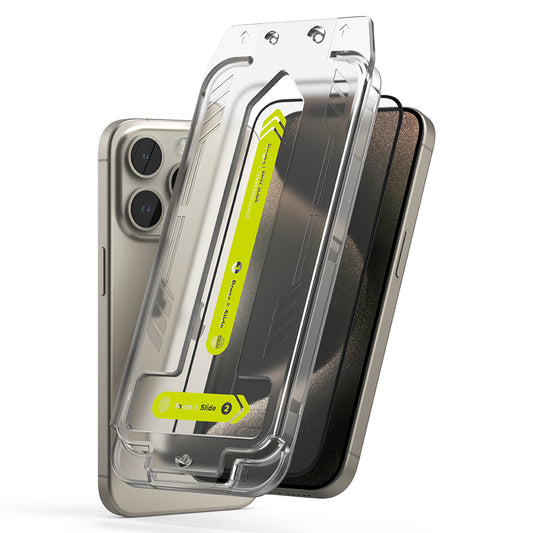 Zaščitna folija za zaslon Ringke Easy Slide za Apple iPhone 15 Pro Max, Kaljeno steklo, Polno lepljenje, Set 2 kosa, Črna