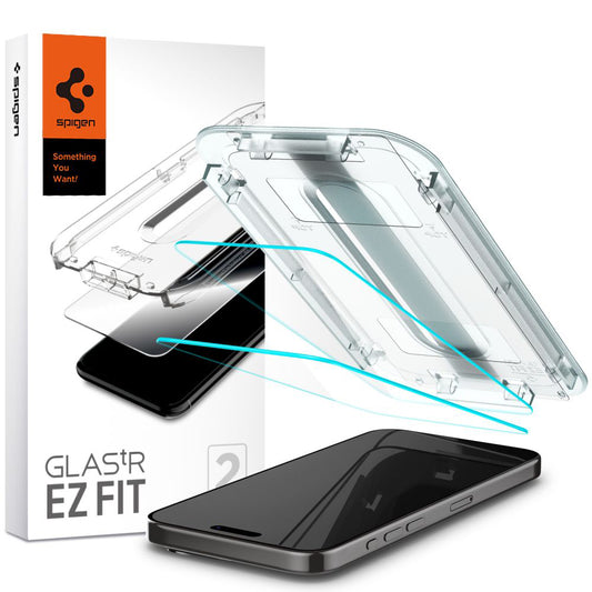Zaščitna folija za zaslon Spigen GlastR EZ FIT za Apple iPhone 15 Pro Max, Kaljeno steklo, Polno lepilo, Komplet 2 kosa AGL06872