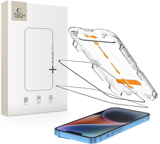 Zaščitna folija za zaslon Tech-Protect Quick Set+ za Apple iPhone 17e / 16e / 14 / 13 Pro, Kaljeno steklo, Polno lepljenje, Komplet 2 kosa, Črna