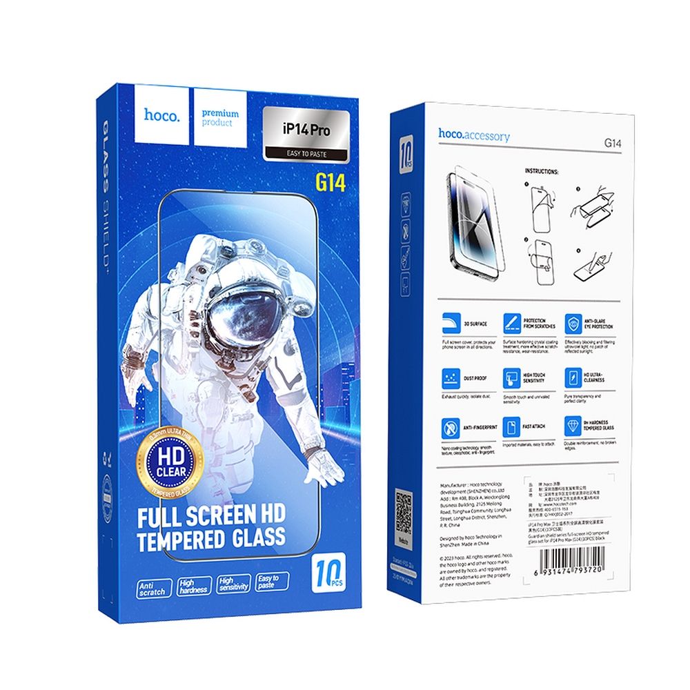 Zaščitna folija za zaslon HOCO za Apple iPhone 14 Pro, Kaljeno steklo, Polno lepljiva, Set 10 kosov, Črna