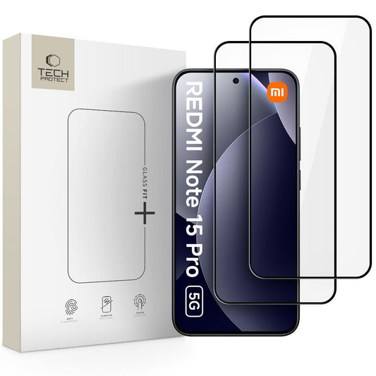 Zaščitna folija za zaslon Tech-Protect FIT+ za Xiaomi Redmi Note 15 Pro 5G, Kaljeno steklo, Polno lepljenje, Komplet 2 kosa, 2.5D, Črna