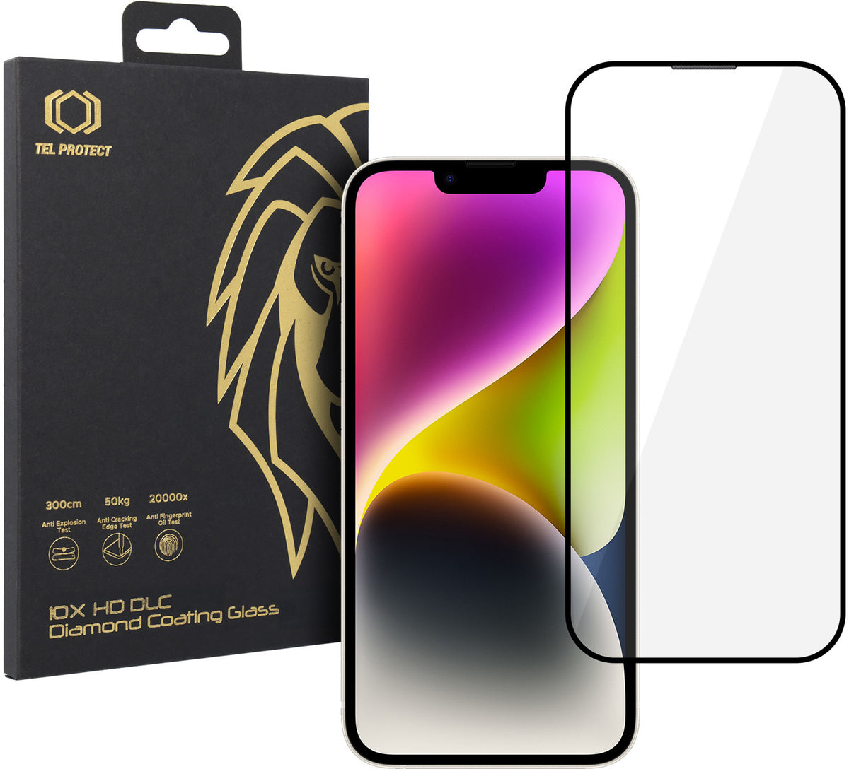 Zaščitno steklo za zaslon Tel Protect 10X HD DLC Diamond Coating za Apple iPhone 17e / 16e / 14 / 13 Pro / 13, kaljeno steklo, lepilo po celotni površini, črno