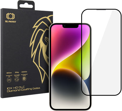 Zaščitno steklo za zaslon Tel Protect 10X HD DLC Diamond Coating za Apple iPhone 17e / 16e / 14 / 13 Pro / 13, kaljeno steklo, lepilo po celotni površini, črno