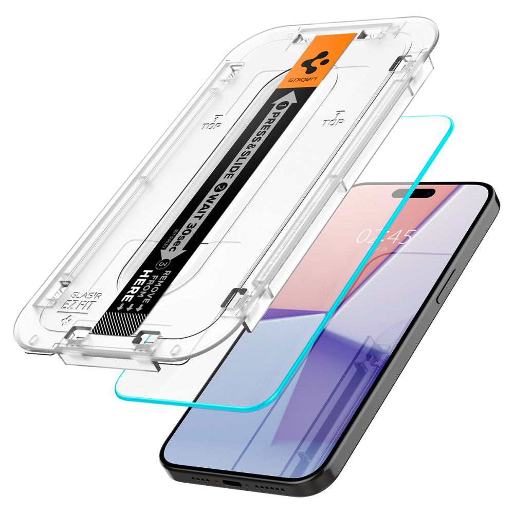 Zaščitna folija za zaslon Spigen GlastR EZ FIT za Apple iPhone 15 Pro Max, Kaljeno steklo, Polno lepilo, Komplet 2 kosa AGL06872