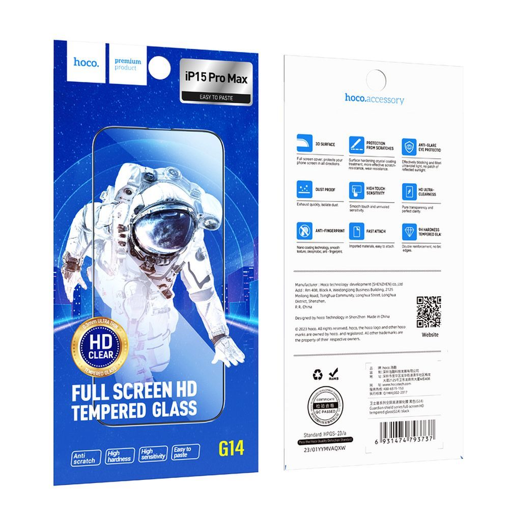 Zaščitna folija za zaslon HOCO G14 za Apple iPhone 15 Pro Max, Kaljeno steklo, Polno lepljenje, Set 10 kosov, 5D, Črna