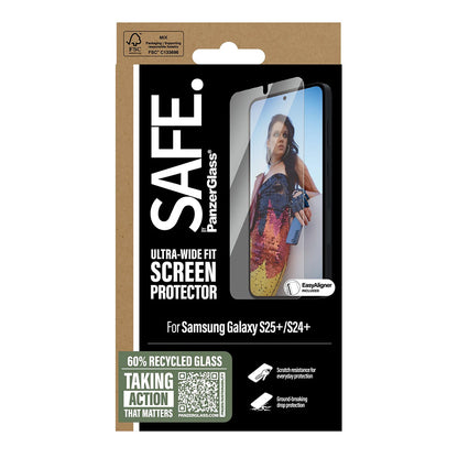 Zaščitna folija za zaslon PanzerGlass Safe. Ultra-Wide Fit EasyAligner za Samsung Galaxy S25+ S936, varnostno steklo, polno lepilo, ponovno zaprto